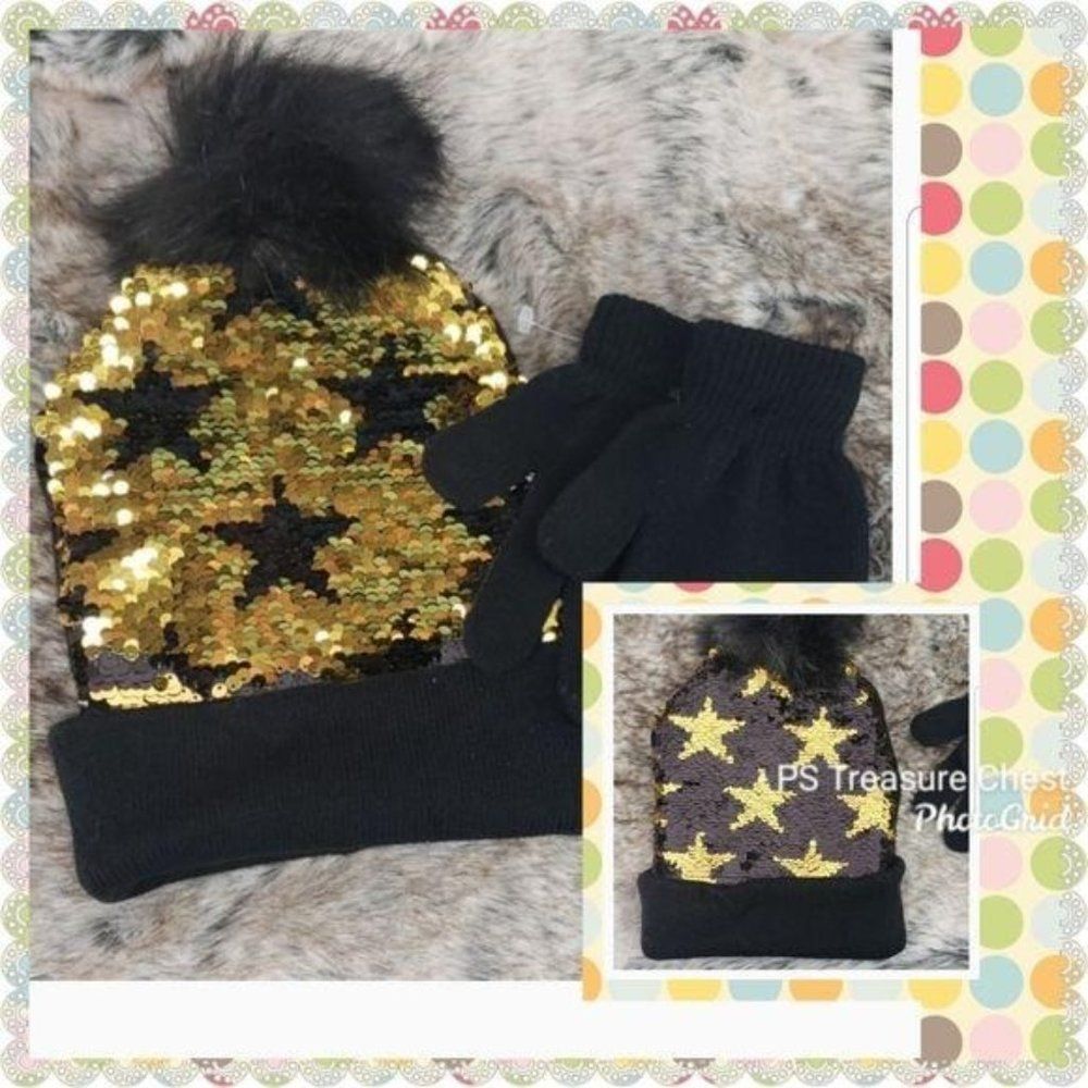 OMG Black Gold‎ star Reversible Sequin Hat & gloves